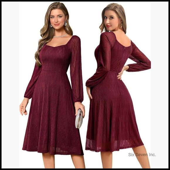 Dresses & Skirts - Nylon Spandex Lace Formal Dress Sweetheart Neck Long Sleeve Midi